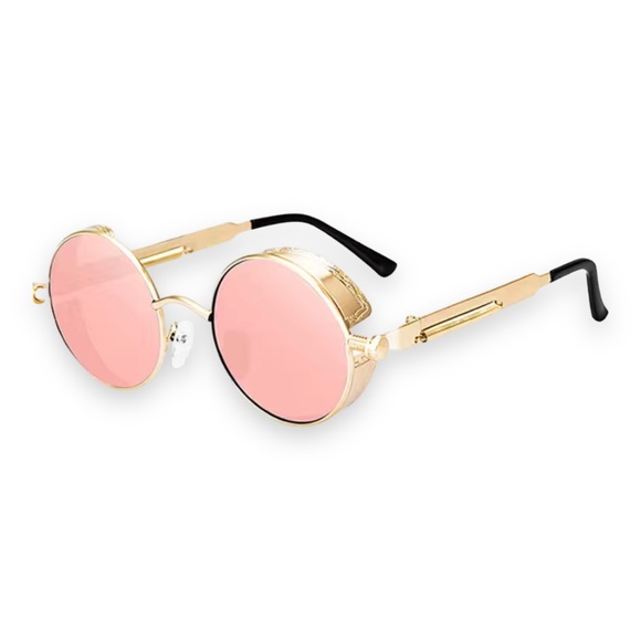 Unisex Round Steampunk Retro Frame Polarized Sunglasses Pink Lens UV400 - Picture 2 of 13